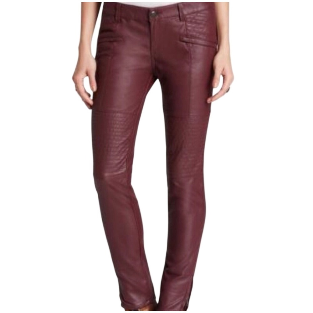 Free People Size 6 Pants Vegan Leather Moto Skinny Burgundy Ankle Zip Edgy 877